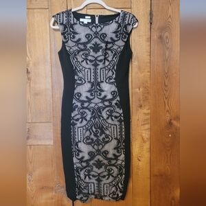 London Times Black & Cream Lace-Pattern Midi Sheath Dress